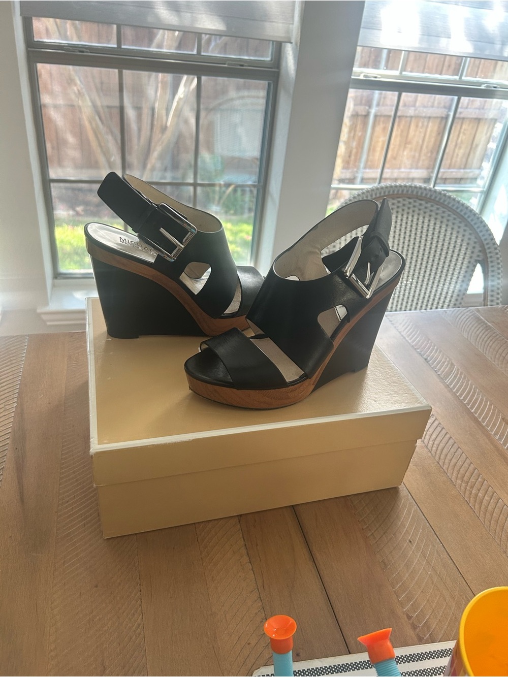 Michael Kors Black Leather Wedge Sandals with Wood-Look Platform - Picture 6 of 7